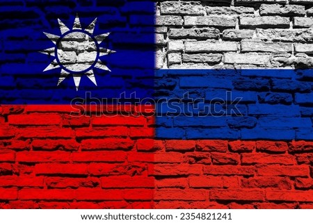 Background with flag of Taiwan and Russia on a brick wall