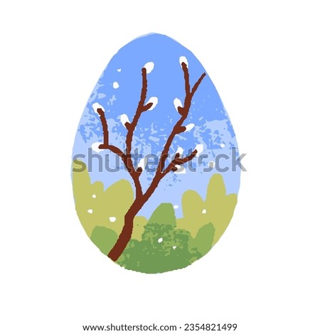 Easter egg with pussy willow branch. Cuddly catkins flowers on tree twig, spring nature drawing for religious Christian holiday. Modern flat vector illustration isolated on white background