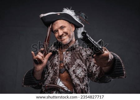 A menacing pirate character, aged and rugged, sporting a wild beard, vest, and hat, brandishing two muskets in front of a dark, textured backdrop
