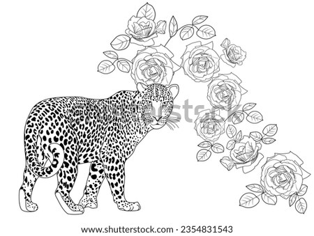 Colouring pictures. Basketof flowers and a leopard. Antistress freehand sketch drawing with doodle and zentangle elements. Рictures are ideal for creating wallpaper, labels, crafts and other projects