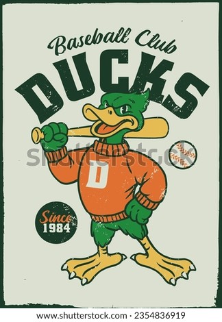 Serious Cartoon Duck Ready to PlayBaseball Poster in Vintage Style