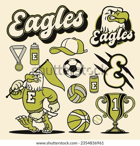 Eagle Mascot Object Sport Set in Vintage Hand Drawn Design