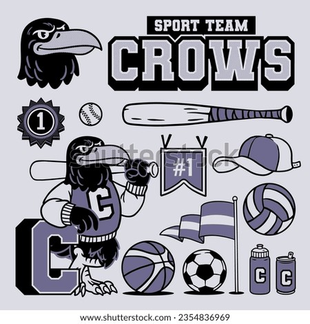 Crow Mascot and Sport Object Collection in Vintage Style