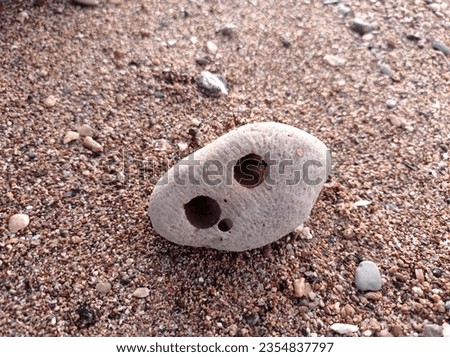 a small rock with a hole in the beach sand