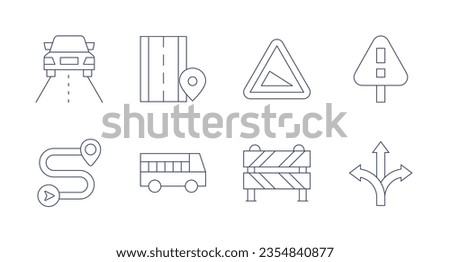Road icons. Editable stroke. Containing drive, road, slope, warning, destination, road trip, barrier, choice. Royalty-Free Stock Photo #2354840877