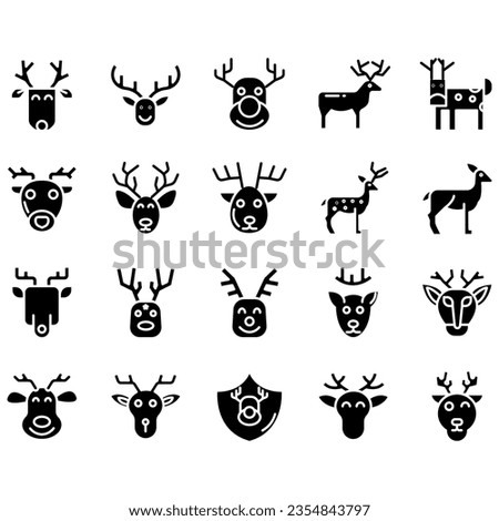 Jumping and standing deer, elk, antlers and antlers, deer head dolls and rolls. Thin line art icons set. Modern black symbol isolated on white for infographics or web use.