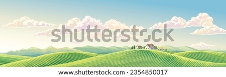 Summer rural landscape panoramic format, with hills and agriculture fields and village, on top of a hill.	 Royalty-Free Stock Photo #2354850017