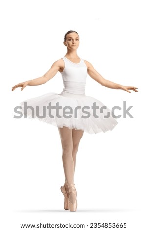 Ballerina in a white tutu dress dancing isolated on white background