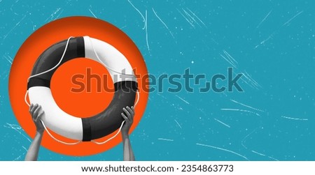 Art Collage. Hands Holding a Lifebuoy on a Blue Background. Concept of Drowning Rescue Royalty-Free Stock Photo #2354863773