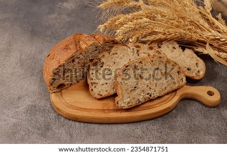 Freshly baked homemade bread, whole grain sourdough bread with a crispy crust, sliced and ears of rye and wheat on a concrete background, modern baking concept, healthy natural food, selective focus
