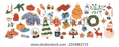 Cozy collection of Christmas and New Year items. Set of traditional winter symbols, elements and decorations christmas tree, wreath, mistletoe, candles, clothes and other. Colored flat illustration