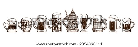 Set of beer mugs. Hand drawn vector illustration isolated on white background.