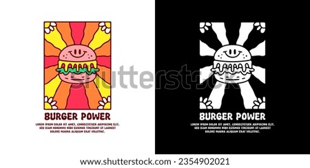 Funny burger in groovy background with burger power typography, illustration for logo, t-shirt, sticker, or apparel merchandise. With doodle, retro, groovy, and cartoon style.