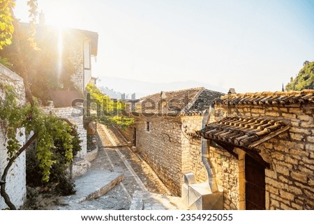 Albanian old city Berat with view of berat castle walls and tiled roofs of houses.