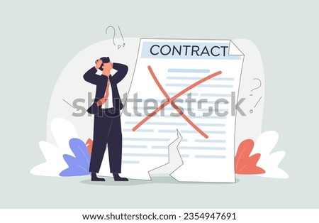 Contract cancellation business concept. Terminated tearing contract paper sheet breach flat style design vector illustration. Business people running toward giant hands with tearing contract papers Royalty-Free Stock Photo #2354947691