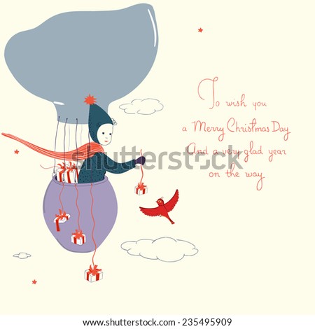 Christmas white vector background with a boy flying in a hot air balloon full of gifts.