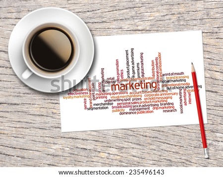 Coffee, Pencil And A Note Contain Word Clouds Of Marketing And Its Related Words