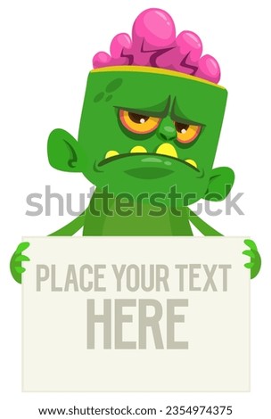 Cartoon zombie holding blank paper banner for text. Vector illustration. Isolated.
Halloween design element for banner, postcard, poster
