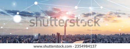 Modern city panorama and wireless communication network concept. Wide angle visual for banners or advertisements.