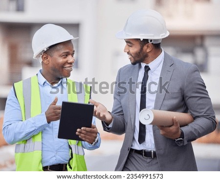 Happy people, architect and tablet in city, planning or construction team in strategy on rooftop at site. Men, engineer or contractor on technology in teamwork, project or architecture plan in town