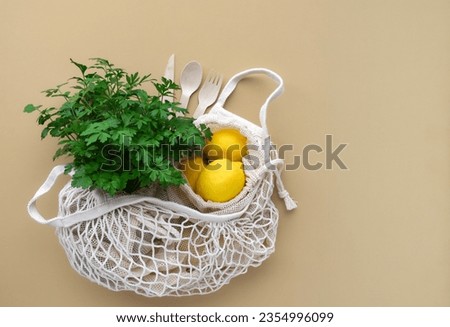 Fresh produce inside reusable mesh shopping bag on beige background with copy space