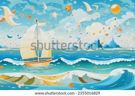Baby bright colorful background with sea, sky, beach, sailboats, seagulls, shells. Drawn children's book illustration. Design for card, postcard, wallpaper, photo wallpaper, mural.