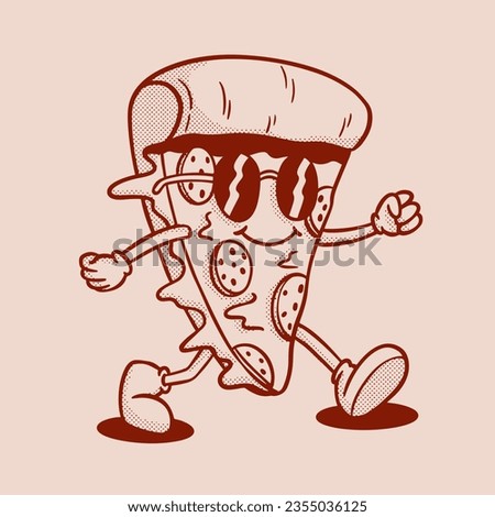 vintage pizza slice cartoon character. Hand drawing retro pizza food character