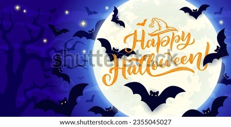 Midnight Halloween sky with flying bats and moon, horror night holiday cartoon vector background. Happy Halloween, trick or treat party celebration poster with spooky bats in haunted forest and moon