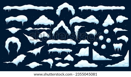 Cartoon christmas snow and ice caps with icicles. Isolated vector set of snowballs and snowdrifts. Winter snowy decoration elements. Long and short icy roof framing, window corners, piles and stripes Royalty-Free Stock Photo #2355045081