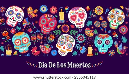 Dia De Los Muertos mexican holiday. Day of the Dead banner with vector pattern of Mexico Halloween sugar skulls, candles and flowers, maracas and alebrije birds, bright color marigolds and leaves