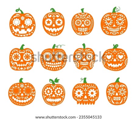 Halloween or Day of the Dead party mexican pumpkins, Dia De Los Muertos holiday decorations. Vector pumpkin sugar skulls with cartoon calavera and flower ornaments, carved mouths, teeth and eyes
