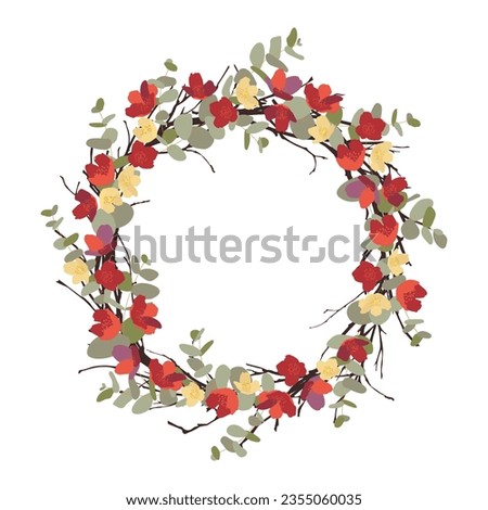 Vector autumn floral wreath illustration. Wreath with branches, eucalyptus leaves and flowers in autumn colors. Autumn art and decor. Invitation and greeting card, banner, poster design. Floral frame.