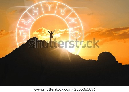 Zodiac wheel and photo of woman in mountains at sunset Royalty-Free Stock Photo #2355065891