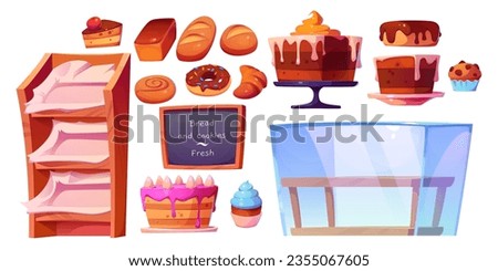 Bakery shop interior elements - cartoon glass showcase and shelves for baking, fresh bread and buns, sweet pastries, cakes and desserts. Vector set of bakeries store production and furniture. Royalty-Free Stock Photo #2355067605