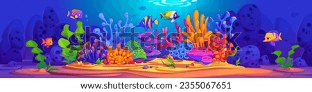 Underwater world with bright seaweeds, corals and swimming fishes in blue water. Cartoon vector illustration of ocean or aquarium bottom with aquatic creatures. Fantasy seabed with marine habitat. Royalty-Free Stock Photo #2355067651
