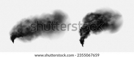 Realistic set of black smoke isolated on transparent background. Vector illustration of dark clouds of smog rising in air from chimney, wildfire, after explosion and fire, co2 emission, design element