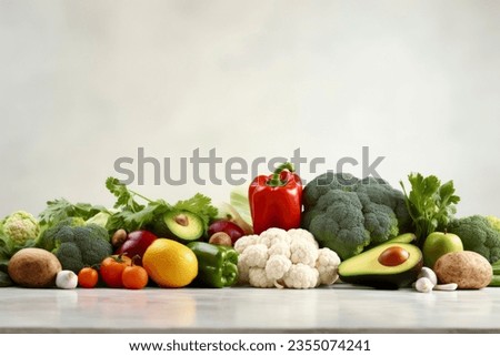 A diverse composition of nutritious food items elegantly presented in a balanced arrangement. Royalty-Free Stock Photo #2355074241