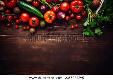 An overhead shot capturing a diverse selection of healthy foods, leaving room for text. Royalty-Free Stock Photo #2355074295