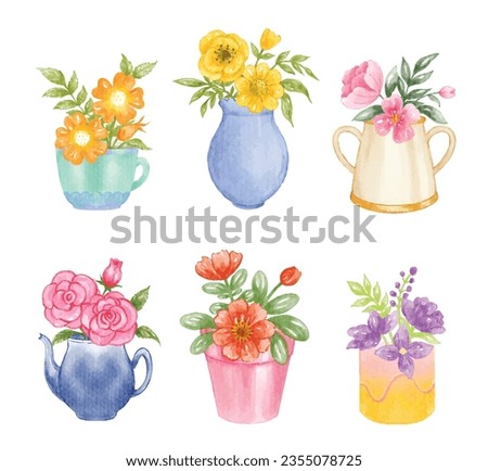 Set of Home plants in flowerpot watercolor Royalty-Free Stock Photo #2355078725