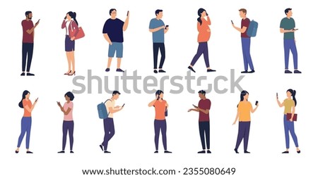 People using phones collection - Set of character illustrations with men and women talking and using smartphones while standing and walking. Flat design vector on white background Royalty-Free Stock Photo #2355080649