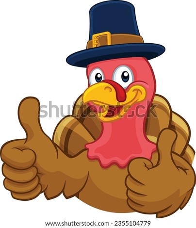 Pilgrim Turkey Thanksgiving bird animal cartoon character wearing a pilgrims hat giving a thumbs up