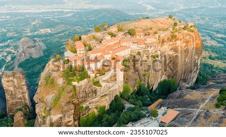 Meteora, Kalabaka, Greece. Monastery of the Transfiguration of the Saviour. Meteora - rocks, up to 600 meters high. There are 6 active Greek Orthodox monasteries listed on UNESCO list, Aerial View  