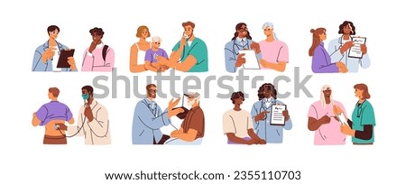 Patients visiting doctor set. Therapist consulting, health exam in hospital, clinic. Talk with practitioner, medical advice, prescription. Flat graphic vector illustration isolated on white background