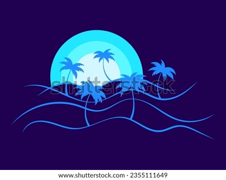Line landscape outline with palm trees and rising sun on a blue background. Summer tropical landscape in a minimalist style. Design for printing t-shirt and banner. Vector illustration
