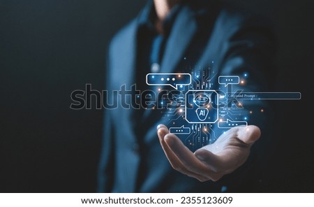 businessman showing graphics Ai chat application, a digital chatbot assistant. Robotic smart customer access internet network data, futuristic technology discussion concept. high tech artif