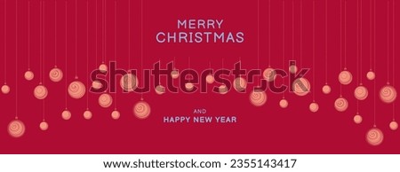 Merry Christmas and Happy New Year background. Vector hand drawn stylized Christamas balls. Horizontal red border with copy space.  Suitable for email header, post in social networks, advertising Royalty-Free Stock Photo #2355143417