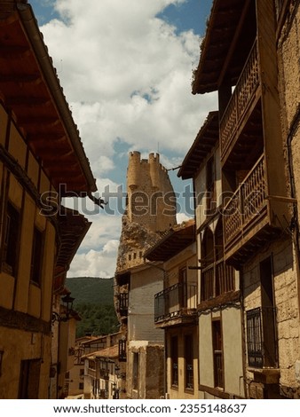 Towel of the medieval castle of Frías town over the houses in Burgos, Spain     