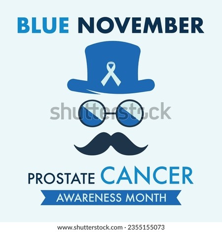 Blue November, Prostate Cancer awareness month , Prostate cancer awareness ribbon with moustaches. Men health symbol. Men cancer prevention in November month.