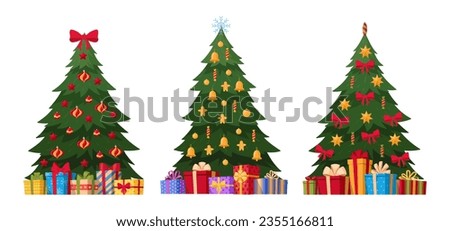 Christmas fur tree set. Cartoon decorated green xmas trees with garlands and gifts. Xmas holidays flat vector illustration collection. Christmas green fur trees