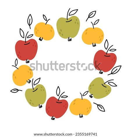 Hand draw apple wreath.Frame with apples and leaves.Seasonal autumn illustration for the design for poster, cards.